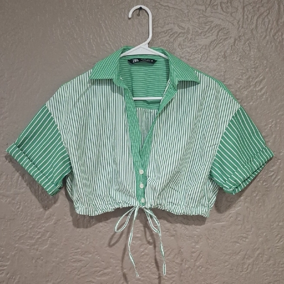 Zara Green and White Striped Crop Button Down Shirt - Picture 1 of 6